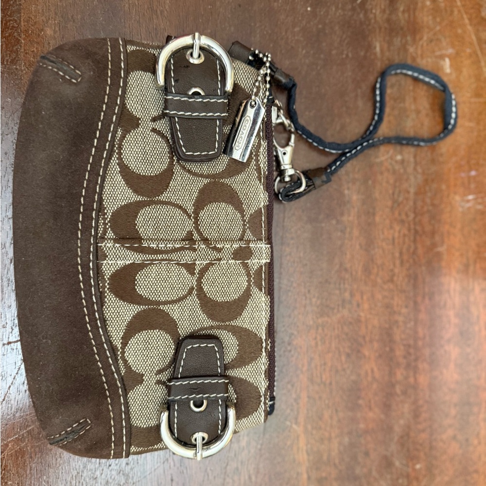 Coach Tan and Brown Wristlet with Signature Design